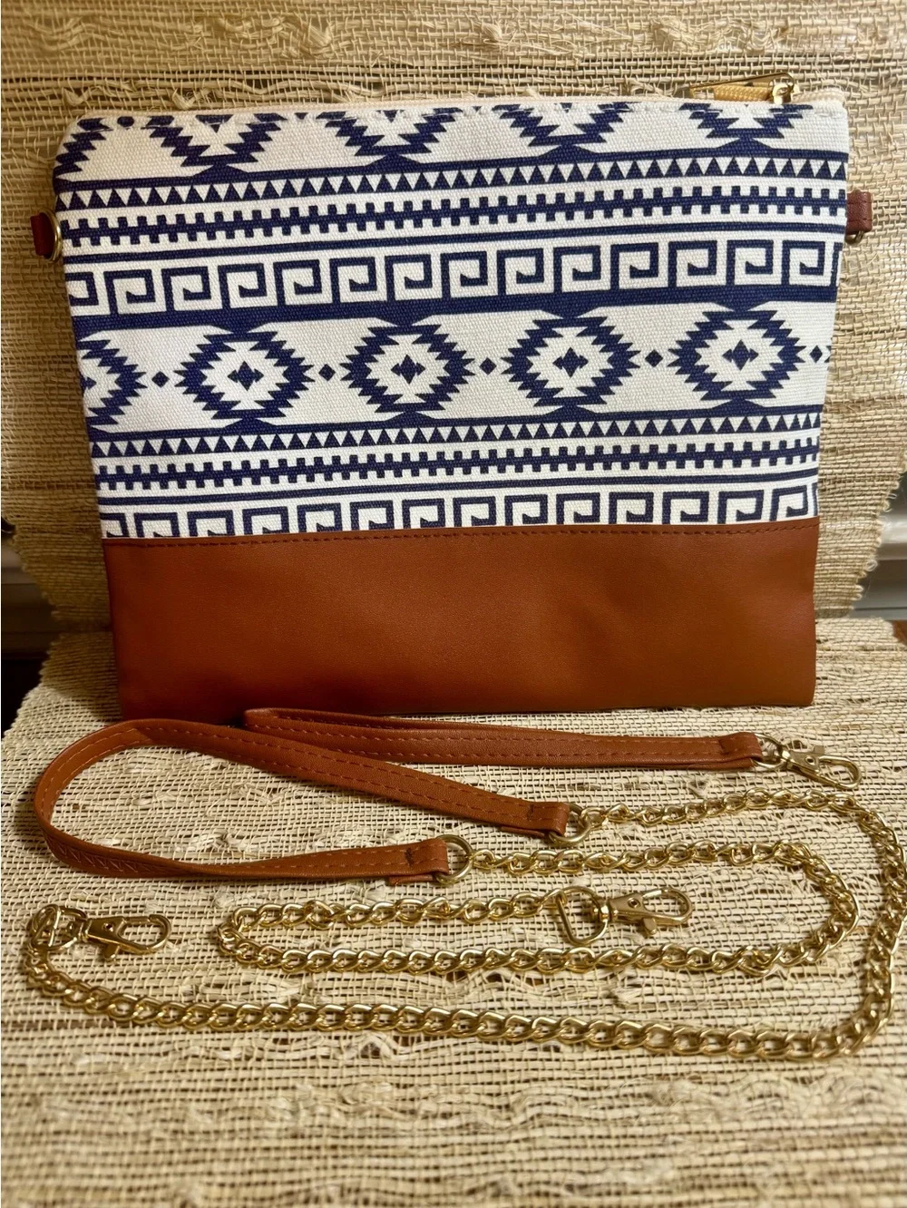Aztec Crossbody & Wristlet Bag  Navy and White with Faux Leather Accents